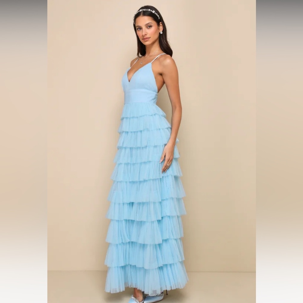 Lulus Radiant Event Light Blue Mesh Tiered Pleated Backless Maxi Dress - Picture 3 of 12